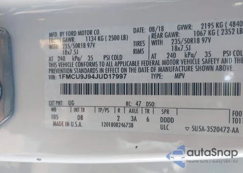 2018 Ford Escape Titanium z USA, uszkodzony, nr VIN 1FMCU9J94JUD17997